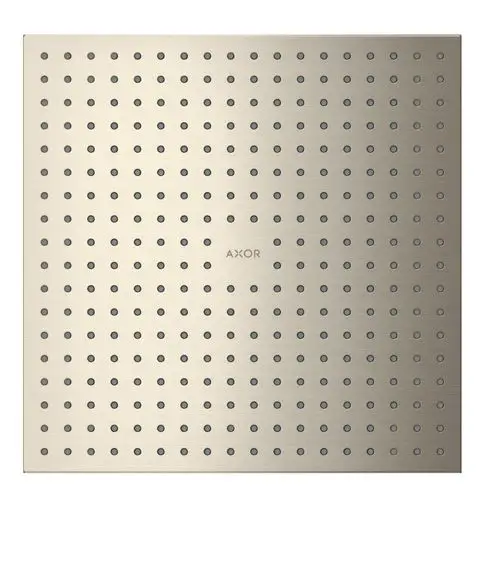 Kopfbrause von AXOR in brushed nickel mit gleichmäßiger Anordnung von Wasserstrahlern, flache, quadratische Form und minimalistisches Design für Deckenmontage.